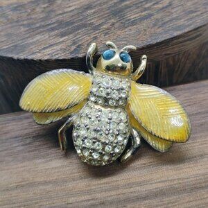Vintage Yellow Enamel Rhinestone Bee Brooch Pin Signed Carolee